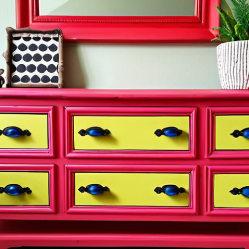 Home 11 **Upcycled dresser with vibrant new paint and stylish, modern handles, showcasing the transformation from old to chic. In the background, a cozy, well-lit room with other upcycled furniture pieces. Focus on the detail and craftsmanship of the upcycled dresser.**