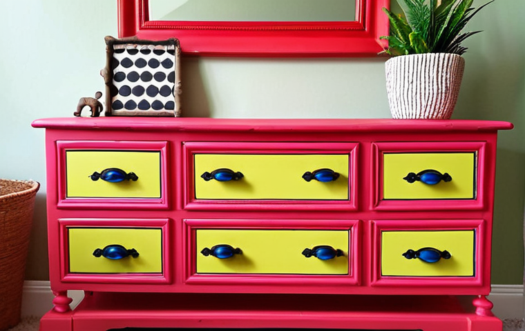 **Upcycled dresser with vibrant new paint and stylish, modern handles, showcasing the transformation from old to chic. In the background, a cozy, well-lit room with other upcycled furniture pieces. Focus on the detail and craftsmanship of the upcycled dresser.**