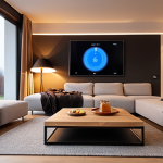 A cozy and modern living room inside a German home, with warm, inviting lighting. A sleek, wall-mounted smart thermostat is subtly visible, and a tablet on a coffee table displays energy usage data, hinting at intelligent heating. The overall atmosphere conveys comfort, control, and a sense of well-being achieved through modern energy efficiency. Photorealistic, with a clean and inviting aesthetic.