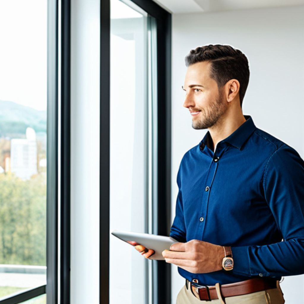 A professional male energy consultant, mid-30s, wearing a modest, dark blue business casual shirt and khaki trousers. He stands in a bright, contemporary living room with a large window. On the wall, a sleek, modern smart thermostat is prominently displayed. A tablet is in his hands, showing a clean, user-friendly interface with energy consumption data. The room is tidy and well-lit, suggesting efficiency. High-resolution professional photography, natural lighting, sharp focus. perfect anatomy, correct proportions, natural pose, well-formed hands, proper finger count, natural body proportions. safe for work, appropriate content, fully clothed, professional.