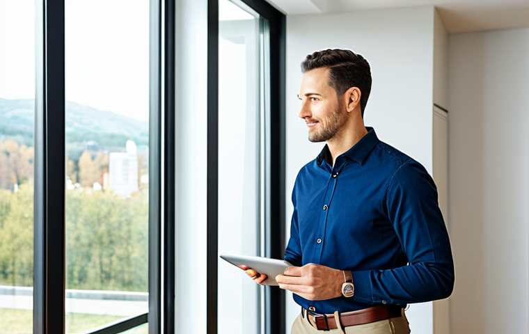 A professional male energy consultant, mid-30s, wearing a modest, dark blue business casual shirt and khaki trousers. He stands in a bright, contemporary living room with a large window. On the wall, a sleek, modern smart thermostat is prominently displayed. A tablet is in his hands, showing a clean, user-friendly interface with energy consumption data. The room is tidy and well-lit, suggesting efficiency. High-resolution professional photography, natural lighting, sharp focus. perfect anatomy, correct proportions, natural pose, well-formed hands, proper finger count, natural body proportions. safe for work, appropriate content, fully clothed, professional.