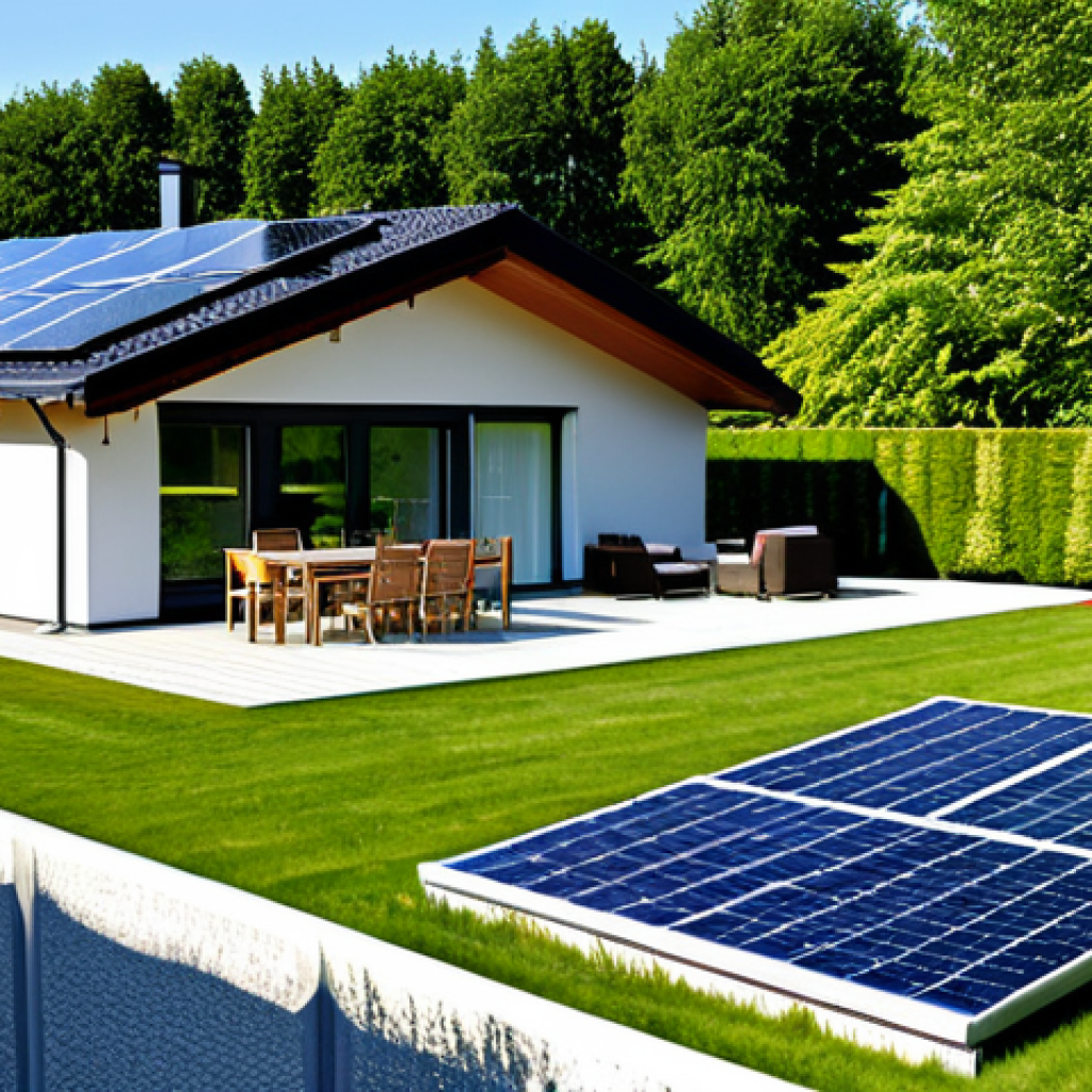 Modern, Energy-Efficient Home**

"A contemporary single-family home with solar panels on the roof, surrounded by a well-kept garden. The house features large windows and a modern architectural design. It's a bright, sunny day. fully clothed figures are visible, gardening. This scene represents sustainable living in Germany. safe for work, appropriate content, fully clothed, professional, perfect anatomy, natural proportions, high quality photo."

**