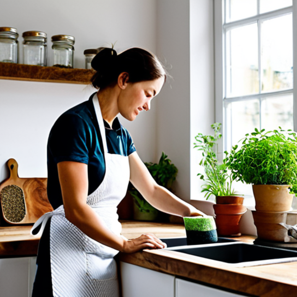 Sustainable Kitchen**
"A bright, airy kitchen with natural light, featuring wooden countertops made from reclaimed wood, shelves filled with reusable glass jars containing grains and spices, a small indoor herb garden on the windowsill, fully clothed woman wearing an apron, washing dishes with a natural sponge, safe for work, appropriate content, professional, modest, perfect anatomy, correct proportions, natural pose, well-formed hands, proper finger count, natural body proportions, professional photography, high quality, sustainable living."
**