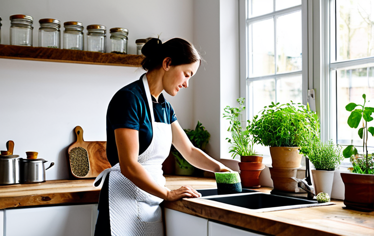 Sustainable Kitchen**

"A bright, airy kitchen with natural light, featuring wooden countertops made from reclaimed wood, shelves filled with reusable glass jars containing grains and spices, a small indoor herb garden on the windowsill, fully clothed woman wearing an apron, washing dishes with a natural sponge, safe for work, appropriate content, professional, modest, perfect anatomy, correct proportions, natural pose, well-formed hands, proper finger count, natural body proportions, professional photography, high quality, sustainable living."

**
