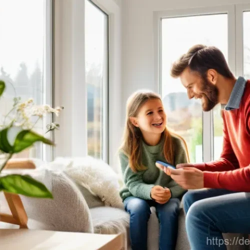 Home 29 주거 공간에서의 환경 교육 방법 - **Image Prompt: Smart Home Energy Saving**
"A cozy, brightly lit living room in a modern German ...