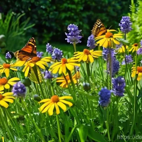 Home 28 친환경 조경 디자인의 이점 - **A thriving, sun-drenched German natural garden, bursting with life and biodiversity.** The scene i...