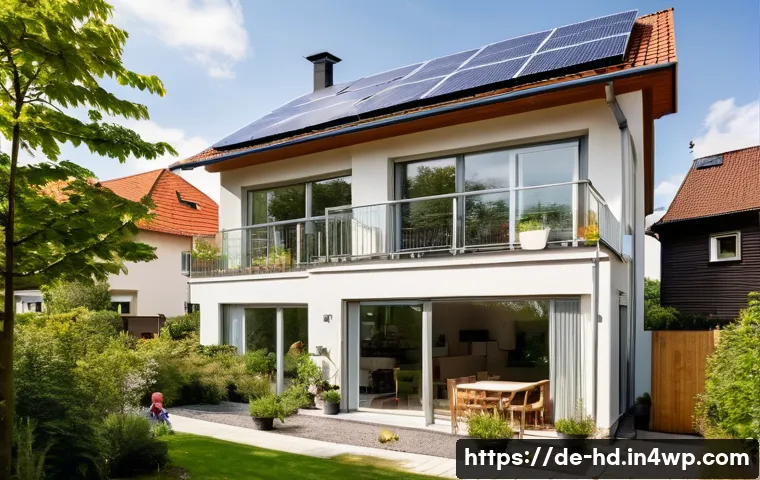 친환경 주택의 재정적 이점 - A modern sustainable family home in a suburban German neighborhood, featuring visible solar panels o...