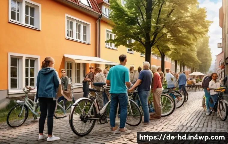 주거 전환기에서의 사례 연구 분석 - A cozy urban neighborhood scene in a German city like Berlin, showing a diverse group of neighbors i...