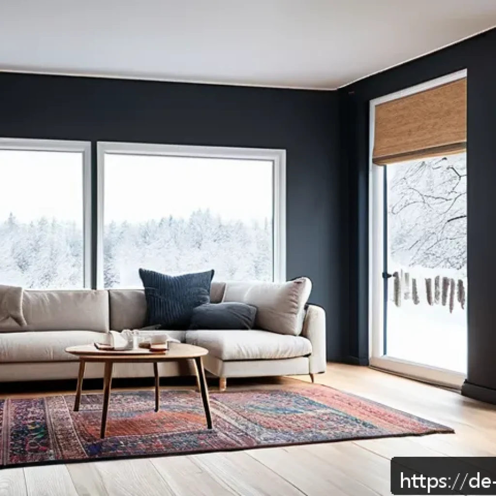 에너지 효율적인 주거 공간 만들기 - A cozy modern German living room in winter, showing well-sealed windows and doors with visible weath...