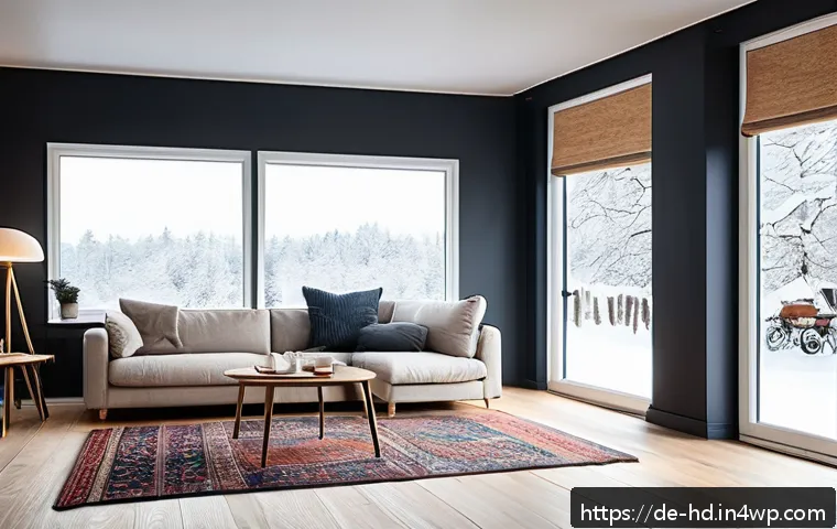 에너지 효율적인 주거 공간 만들기 - A cozy modern German living room in winter, showing well-sealed windows and doors with visible weath...