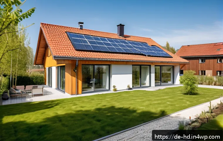 주거 공간의 탄소 중립 달성 방법 - A modern, eco-friendly German home exterior in a suburban neighborhood during spring, featuring visi...