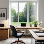 주거 전환기의 사회적 영향 - A modern, bright home office setup inside a spacious suburban apartment in Germany, featuring large ...