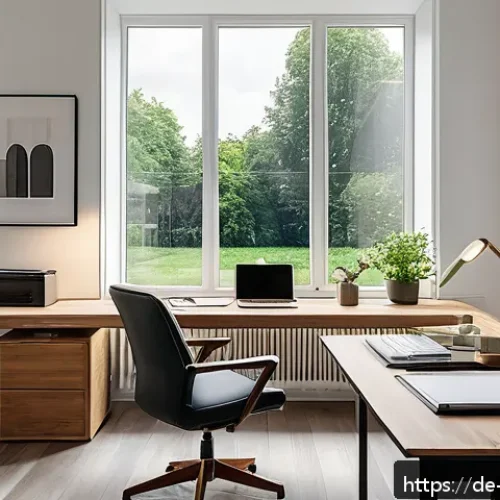 주거 전환기의 사회적 영향 - A modern, bright home office setup inside a spacious suburban apartment in Germany, featuring large ...