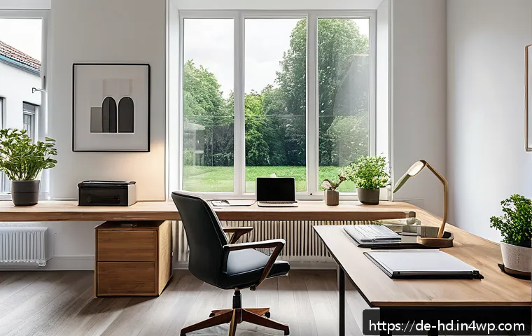 주거 전환기의 사회적 영향 - A modern, bright home office setup inside a spacious suburban apartment in Germany, featuring large ...