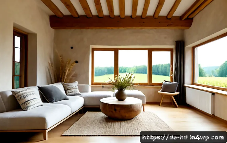Home 17 자연 재료를 활용한 주거 공간 디자인 - Photorealistic German-inspired living room designed with natural materials, pale oak timber beams, l...